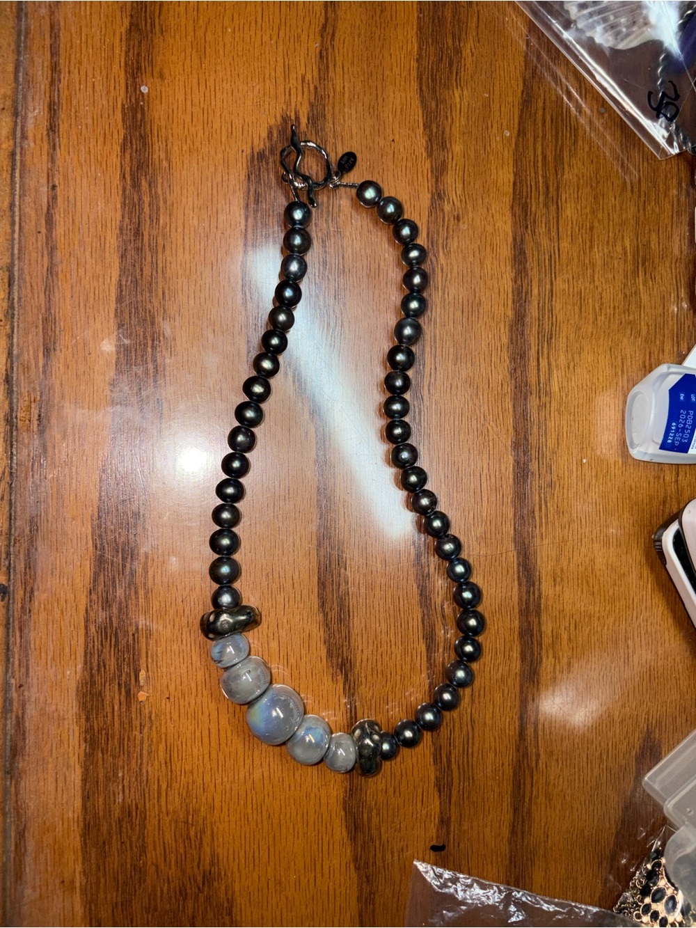 Handmade Black Bead Necklace with Gray Accent Beads 8 1/4 inches